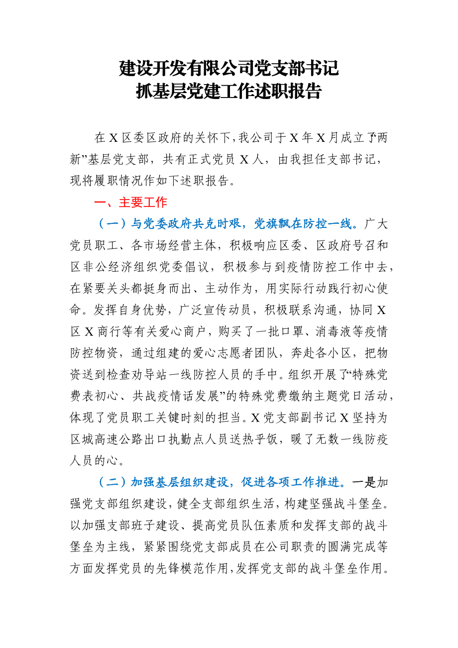 建设开发有限公司党支部书记抓基层党建工作述职报告.docx_第1页