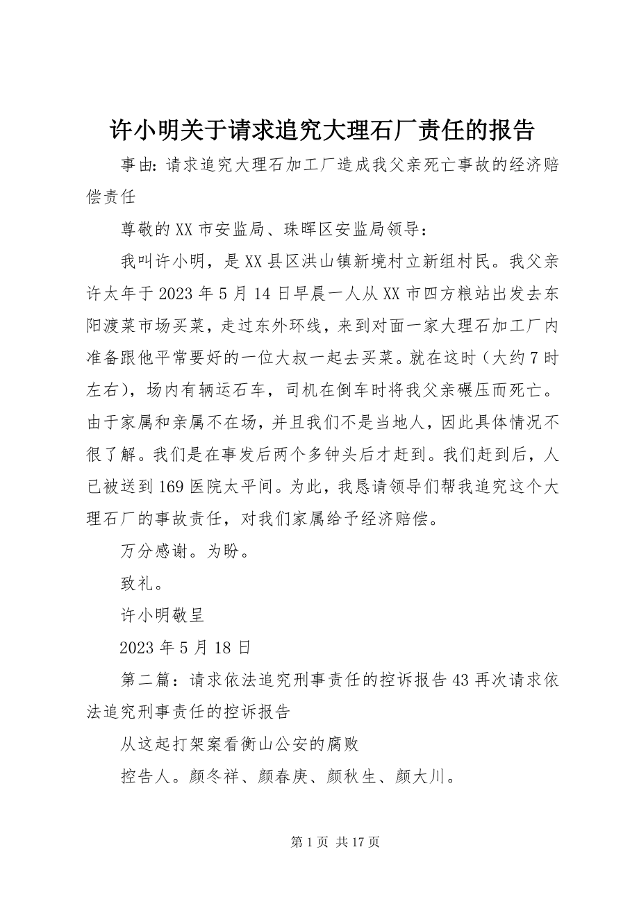 2023年许小明关于请求追究大理石厂责任的报告.docx_第1页