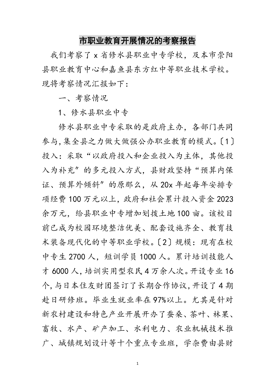 2023年市职业教育发展情况的考察报告范文.doc_第1页