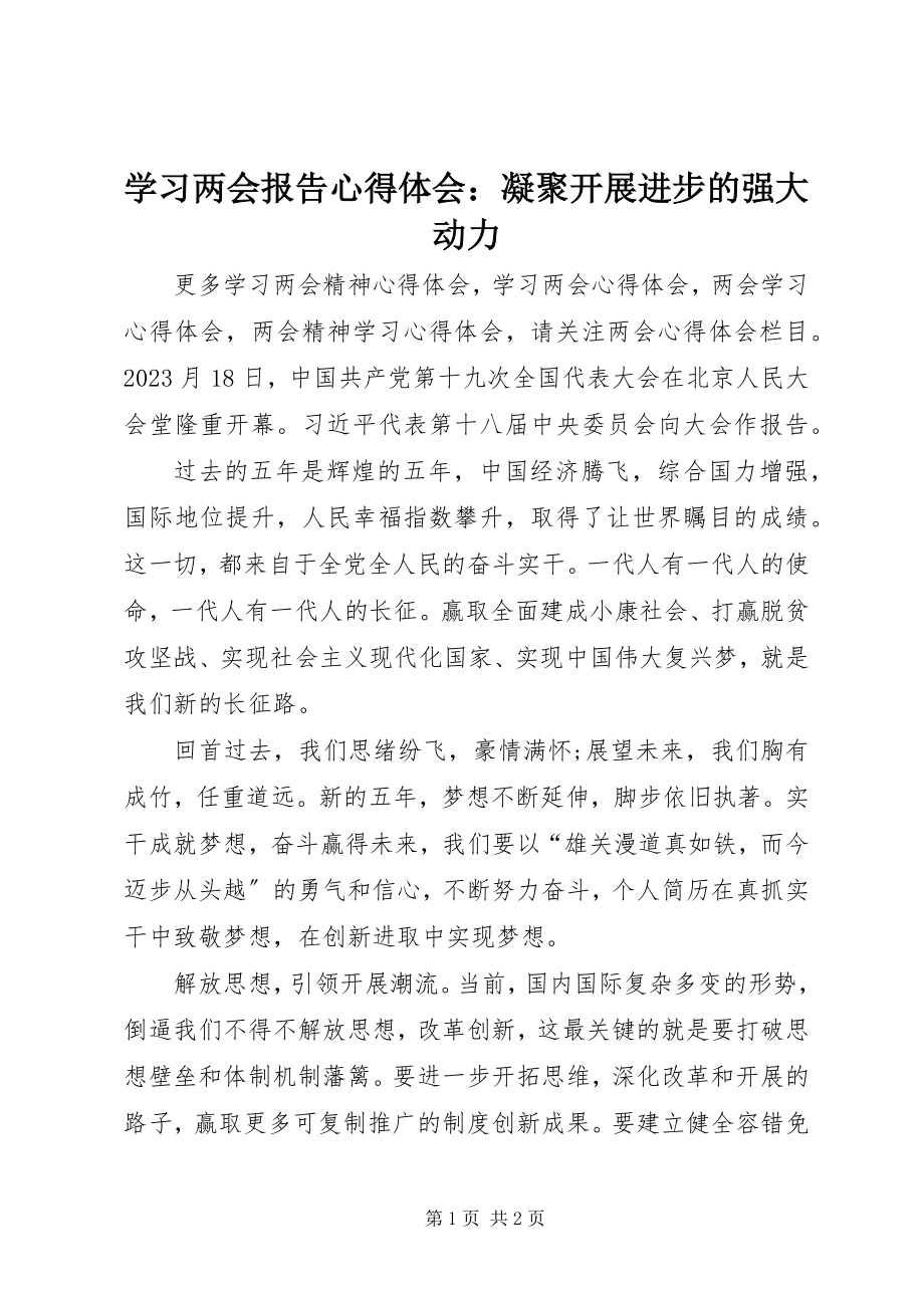 2023年学习两会报告心得体会凝聚发展进步的强大动力.docx_第1页