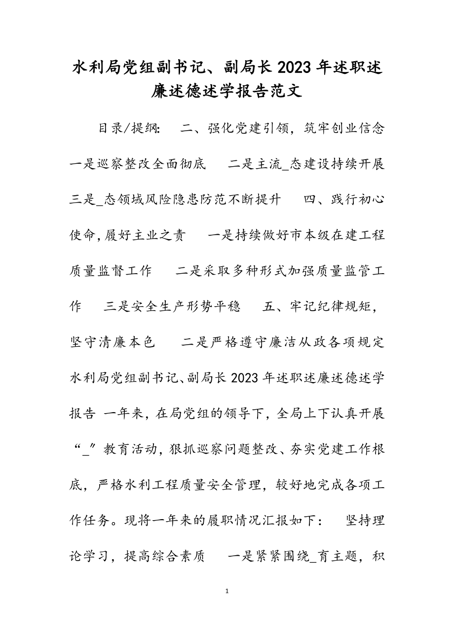 水利局党组副书记、副局长2023年述职述廉述德述学报告.docx_第1页