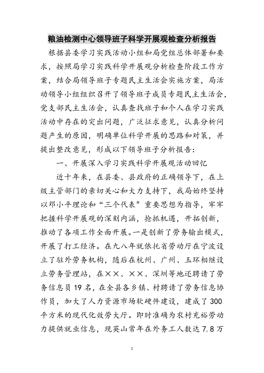 2023年粮油检测中心领导班子科学发展观检查分析报告范文.doc_第1页