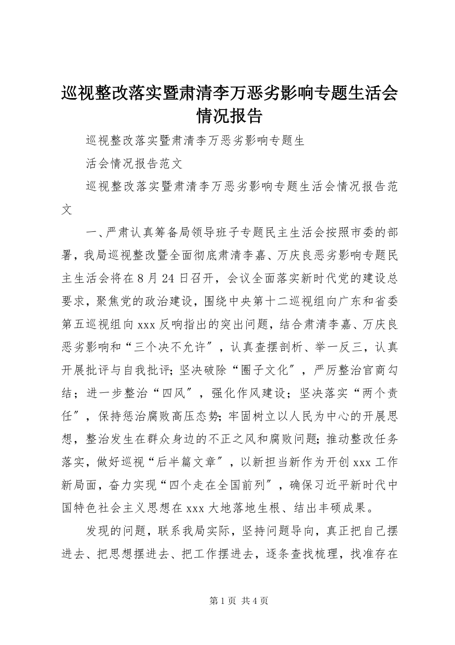 2023年巡视整改落实暨肃清李万恶劣影响专题生活会情况报告.docx_第1页