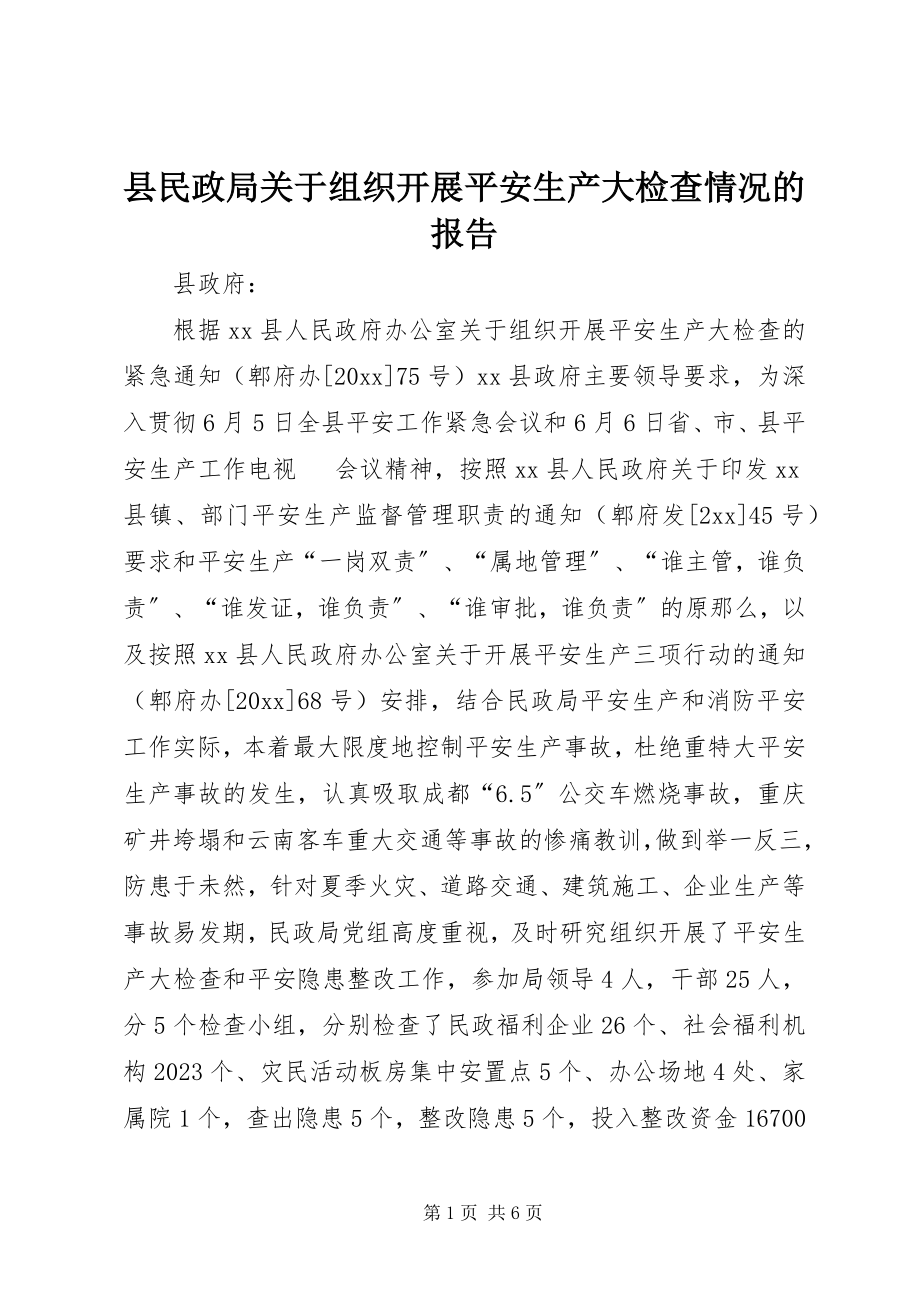 2023年县民政局关于组织开展安全生产大检查情况的报告.docx_第1页