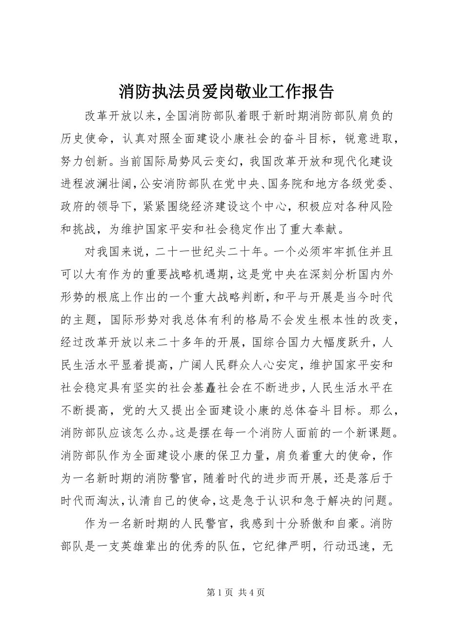 2023年消防执法员爱岗敬业工作报告.docx_第1页