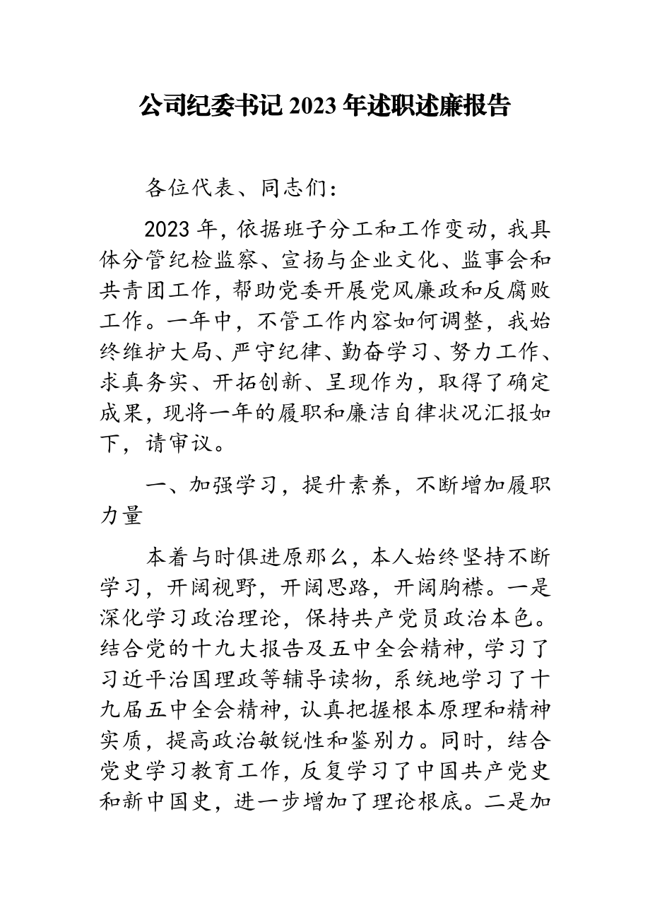 公司纪委书记2023年述职述廉报告.doc_第1页