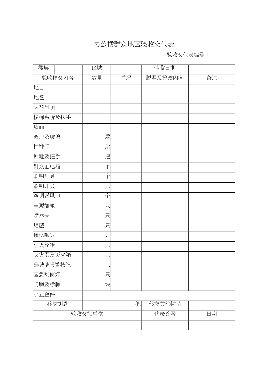 2023年建筑行业办公楼公共区域验收交接表.docx_第1页