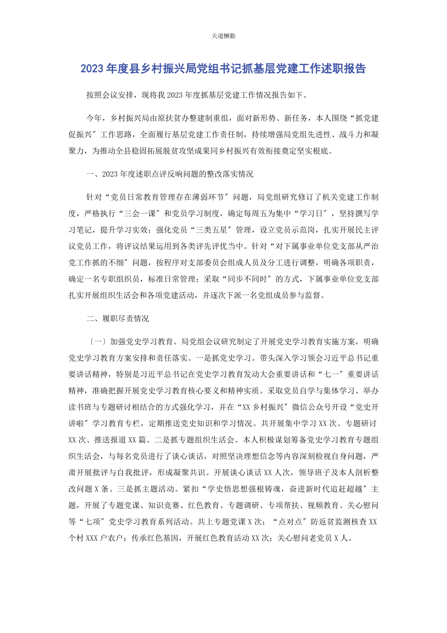 2023年度县乡村振兴局党组书记抓基层党建工作述职报告2.docx_第1页