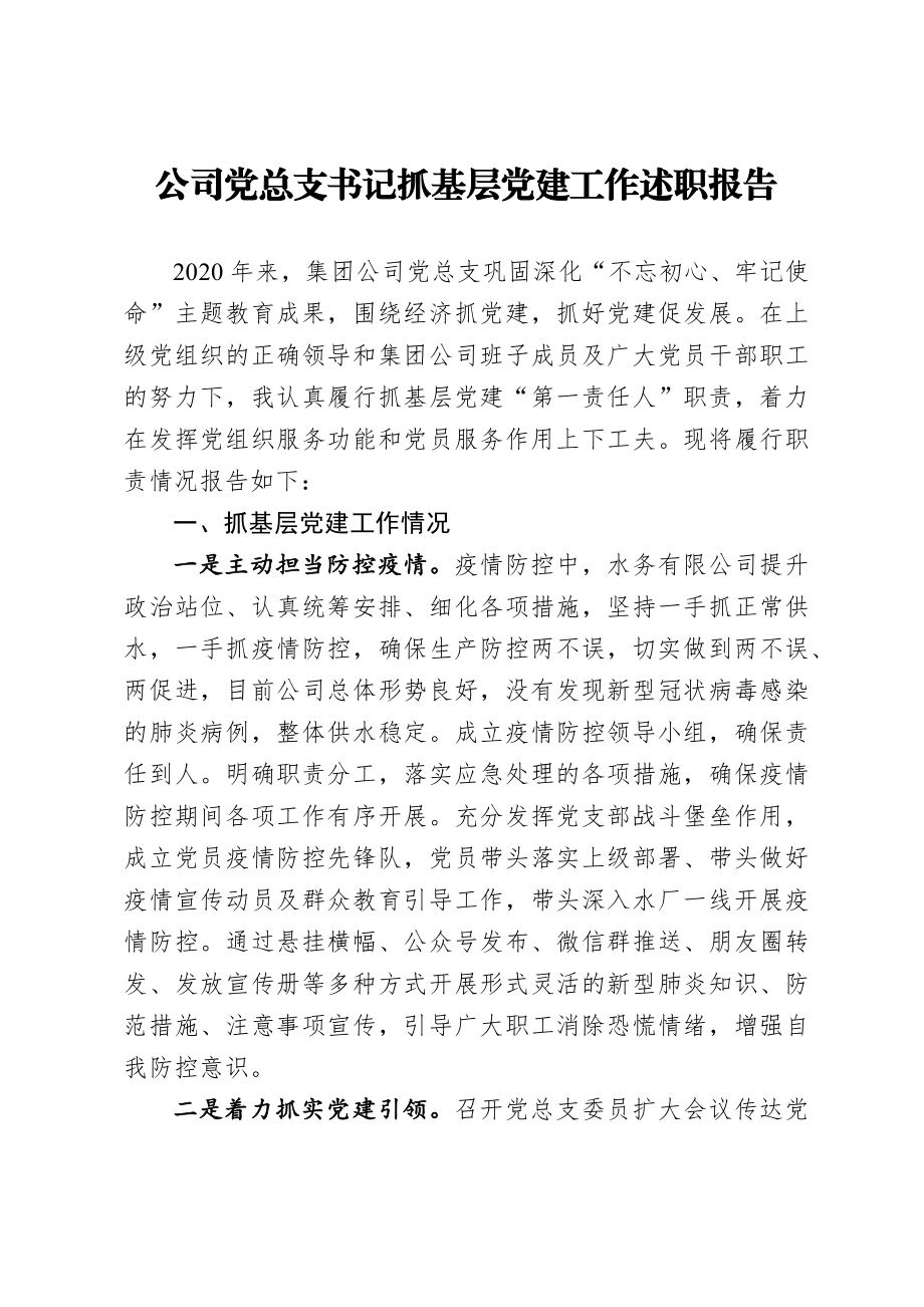 公司党总支书记抓基层党建工作述职报告.docx_第1页