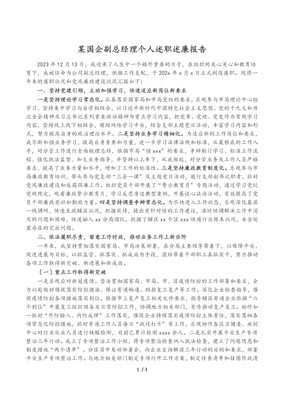 2023年某国企副总经理个人述职述廉报告.doc_第1页