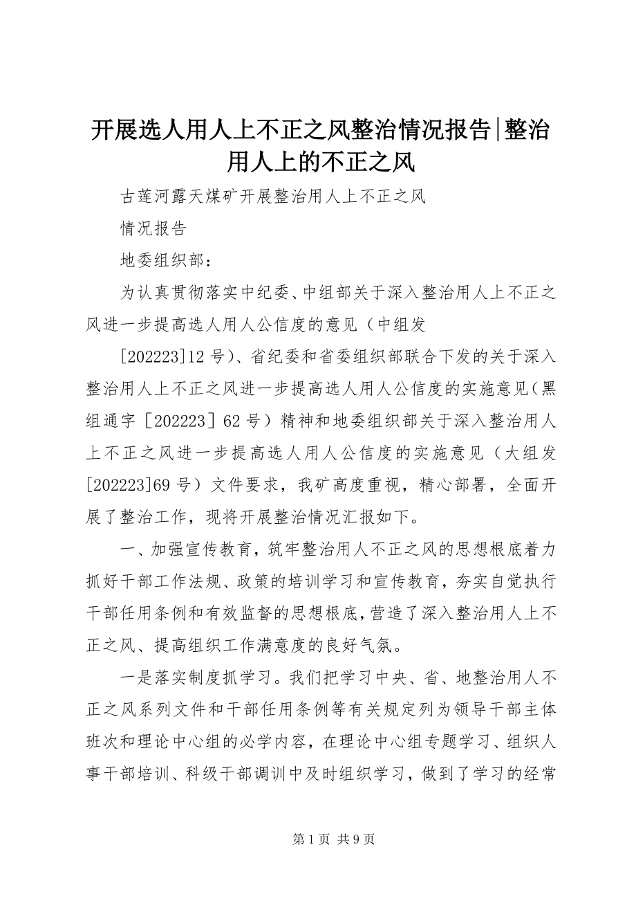 2023年开展选人用人上不正之风整治情况报告整治用人上的不正之风.docx_第1页