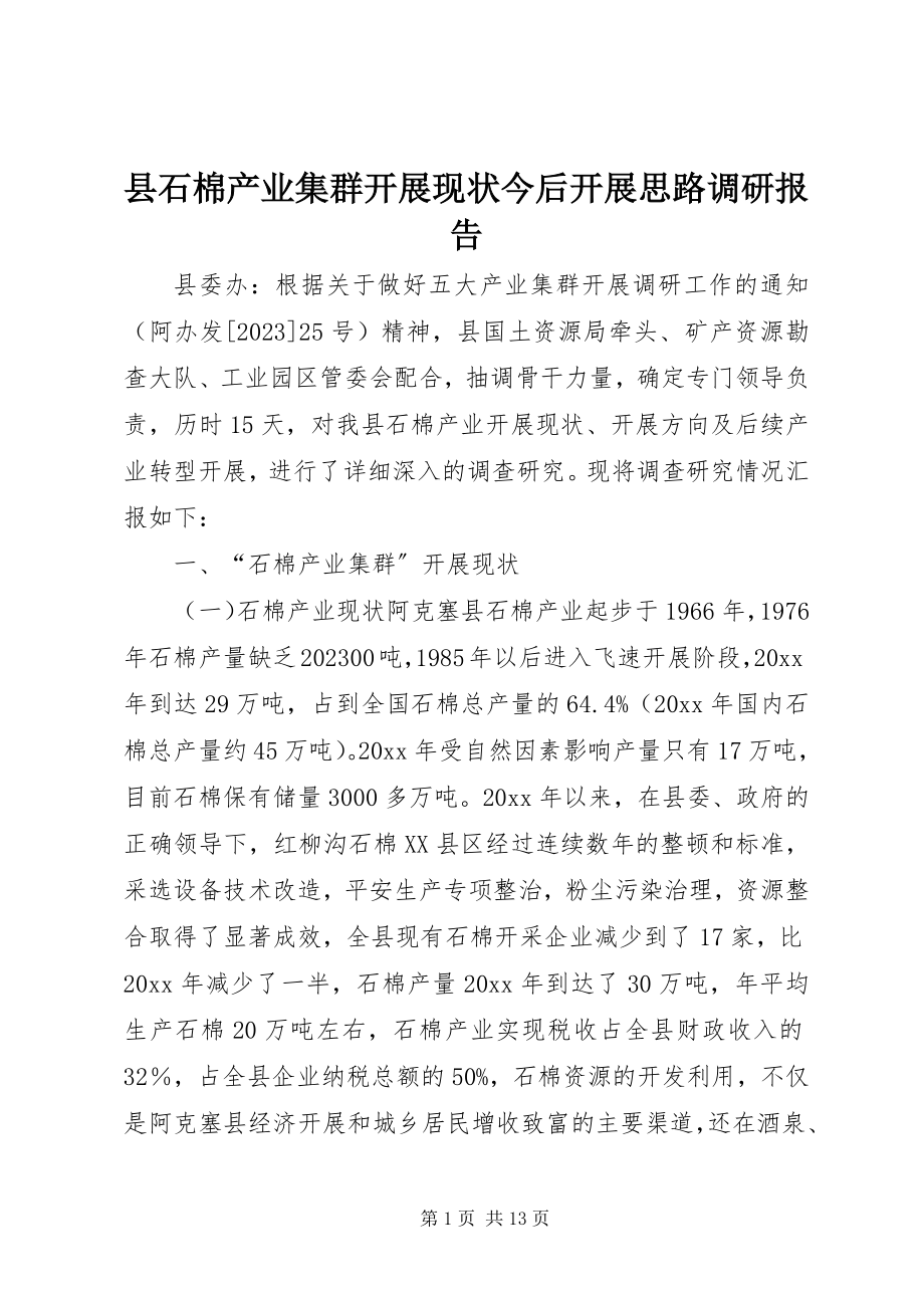 2023年县石棉产业集群发展现状今后发展思路调研报告.docx_第1页