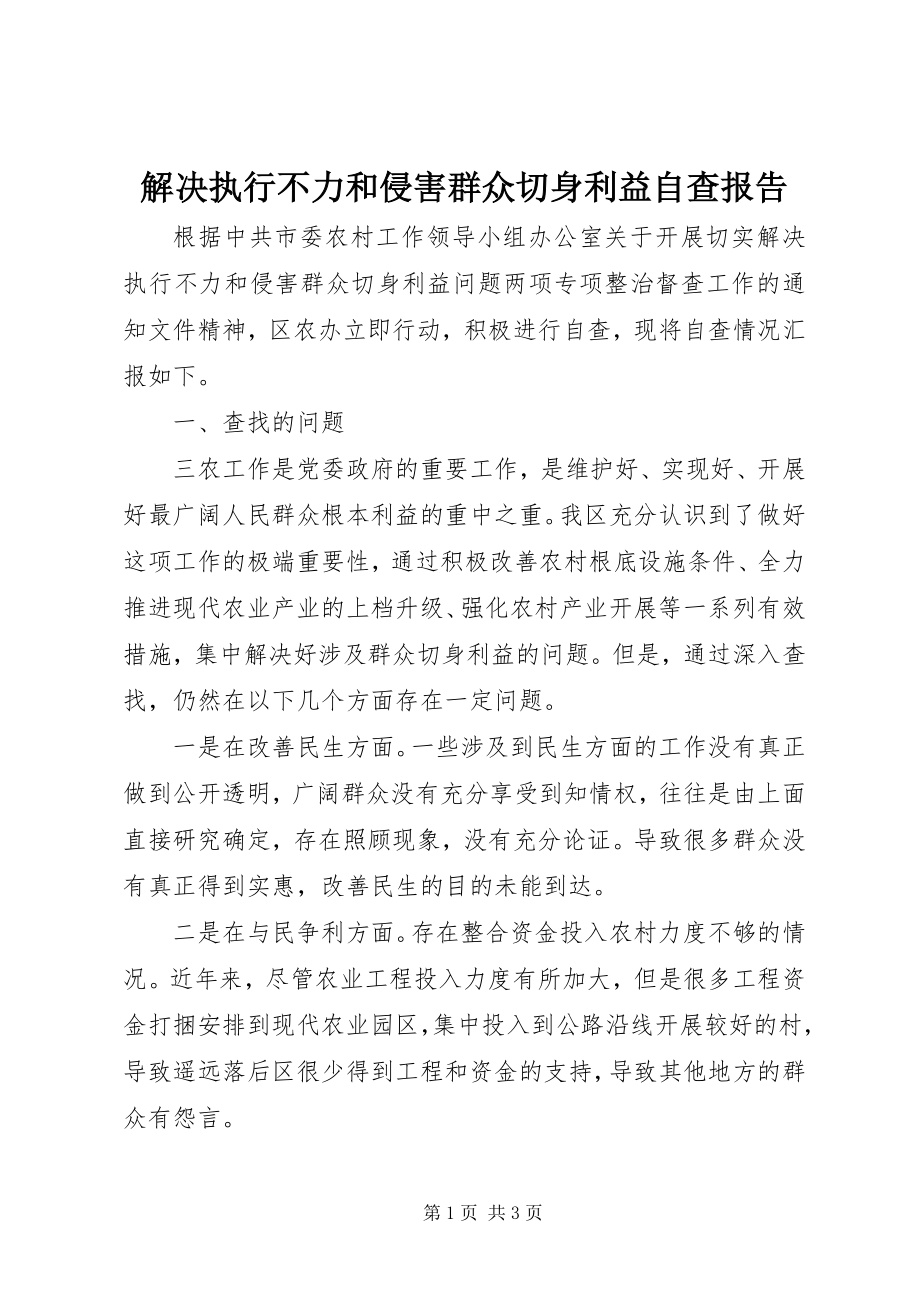 2023年解决执行不力和侵害群众切身利益自查报告.docx_第1页