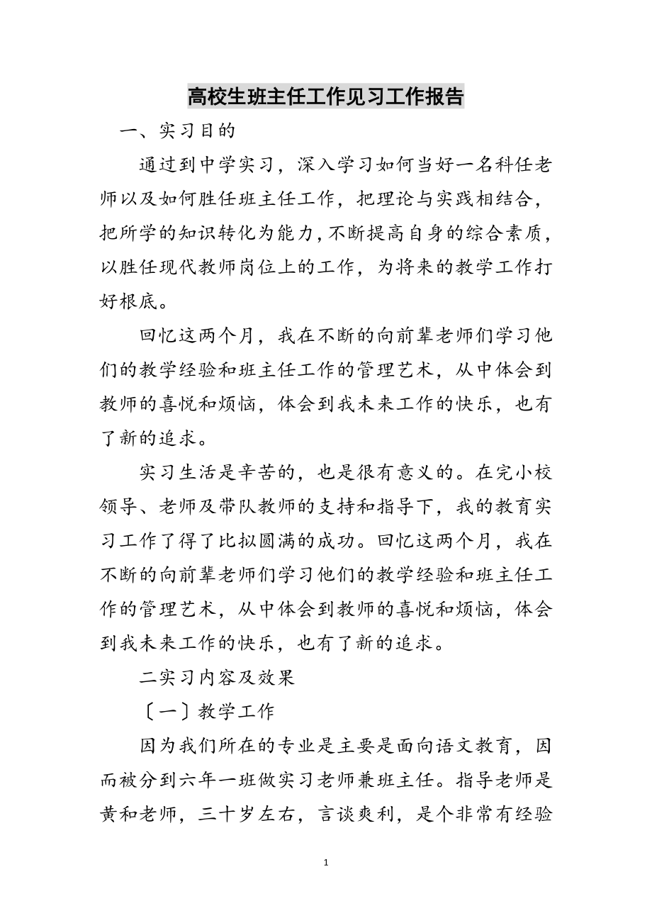 2023年高校生班主任工作见习工作报告范文.doc_第1页