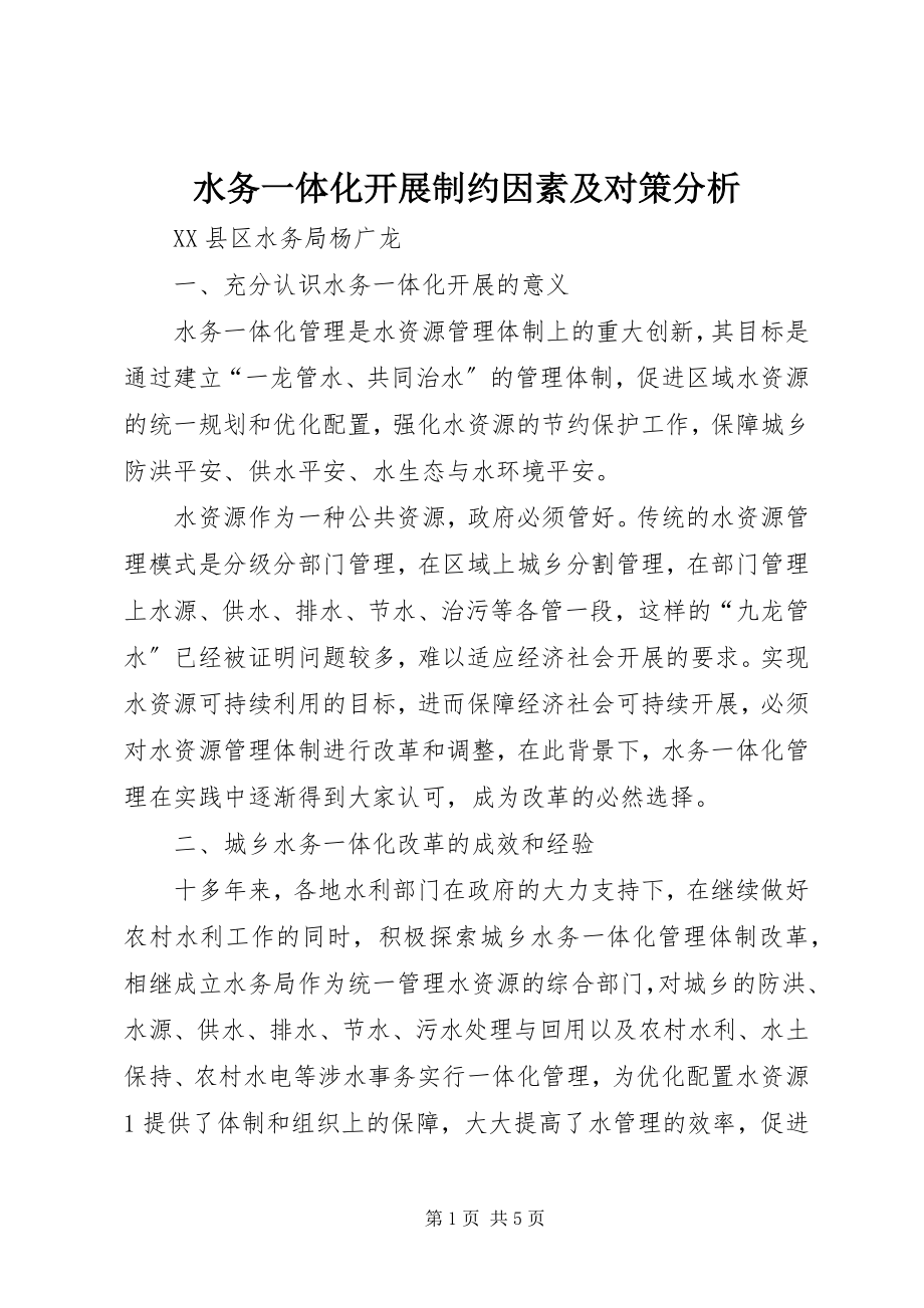 2023年水务一体化发展制约因素及对策分析.docx_第1页