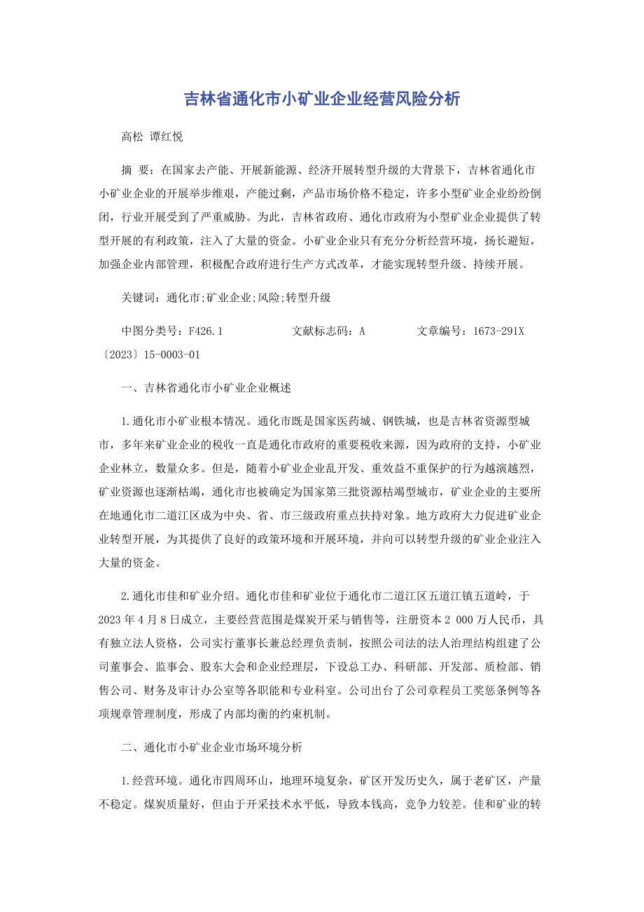 2023年吉林省通化市小矿业企业经营风险分析.docx_第1页