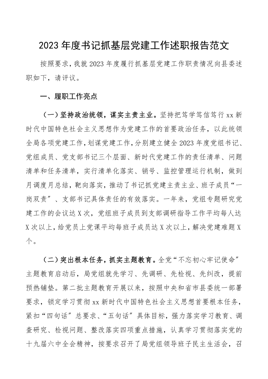 2023年度书记抓基层党建工作述职报告.docx_第1页