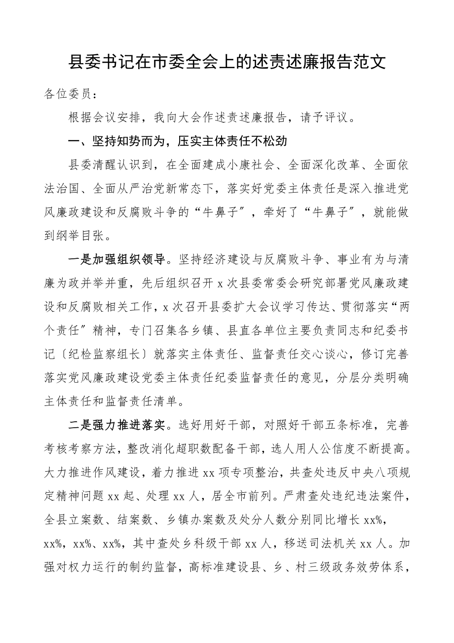 述责述廉县委书记在市委全会上的述责述廉报告领导干部述责述廉报告范文.doc_第1页