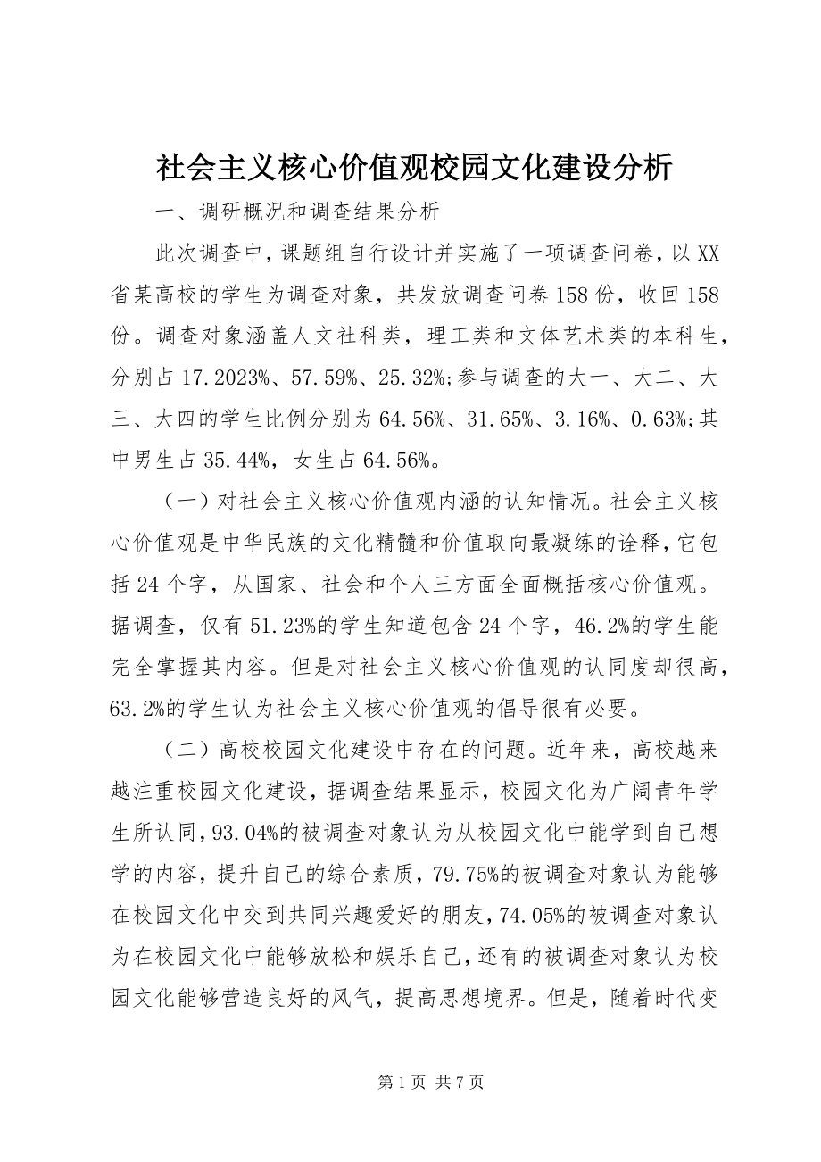 2023年社会主义核心价值观校园文化建设分析.docx_第1页