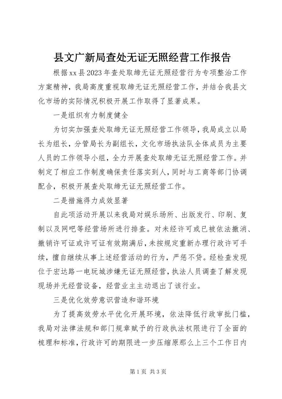 2023年县文广新局查处无证无照经营工作报告.docx_第1页