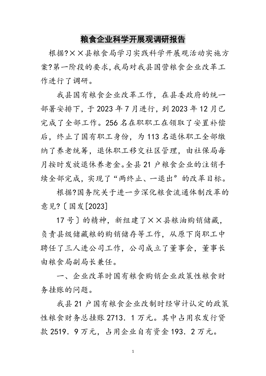 2023年粮食企业科学发展观调研报告范文.doc_第1页