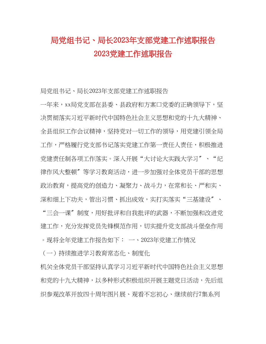 2023年局党组书记、局长支部党建工作述职报告 党建工作述职报告.docx_第1页