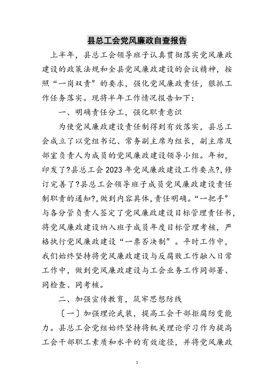 2023年县总工会党风廉政自查报告范文.doc_第1页