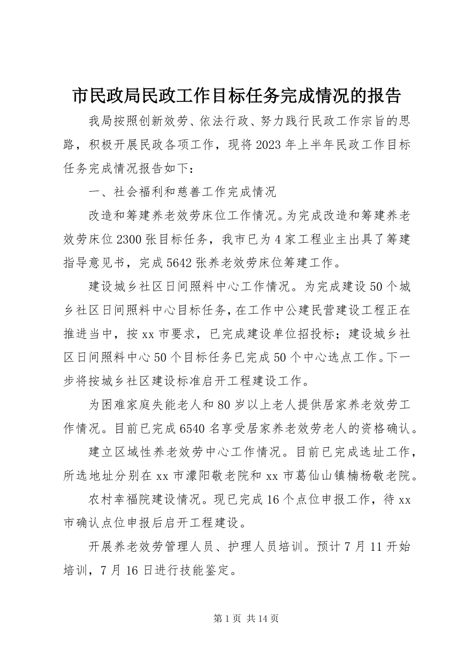 2023年市民政局民政工作目标任务完成情况的报告.docx_第1页