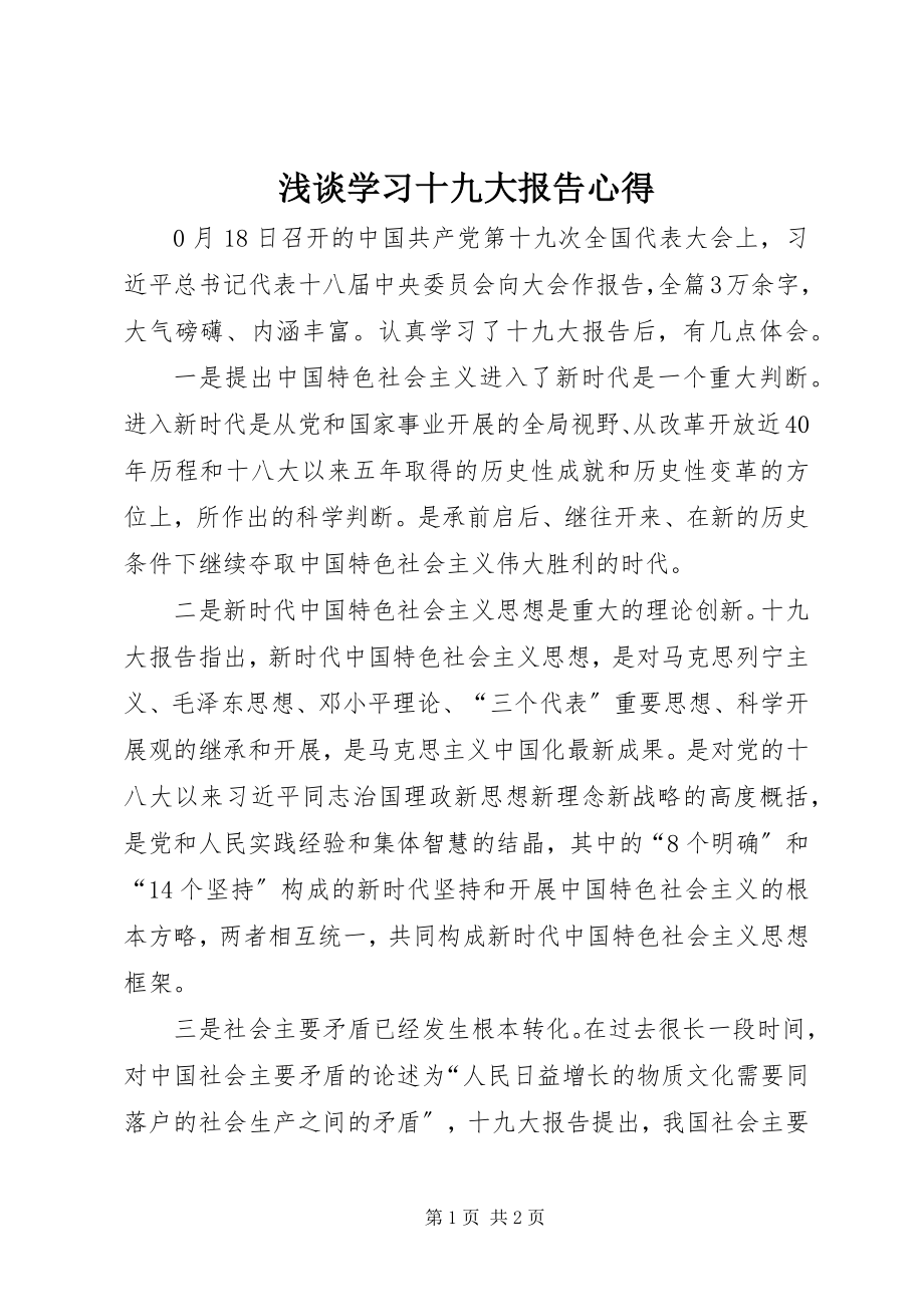 2023年浅谈学习十九大报告心得.docx_第1页