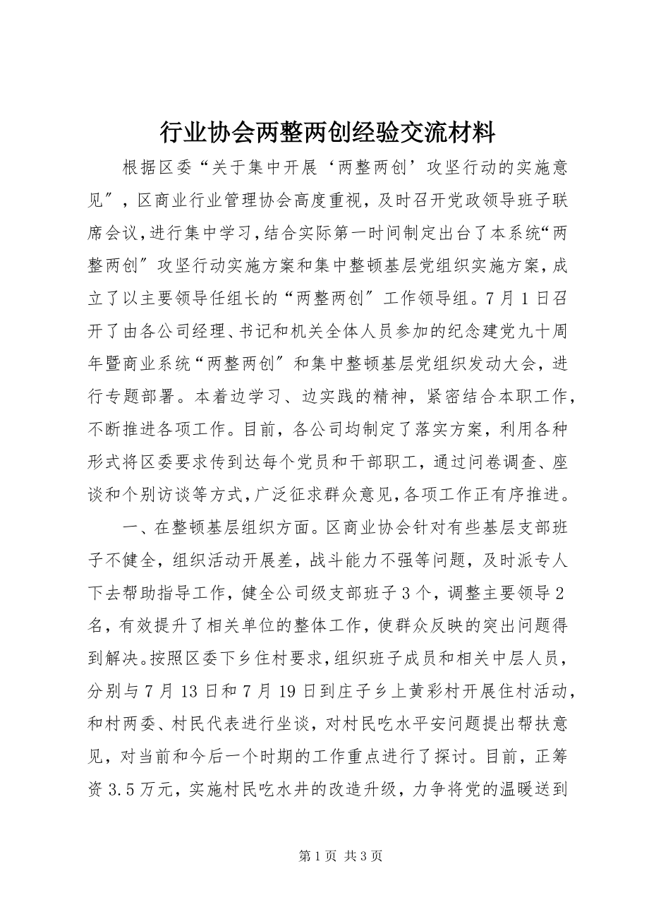 2023年行业协会两整两创经验交流材料.docx_第1页