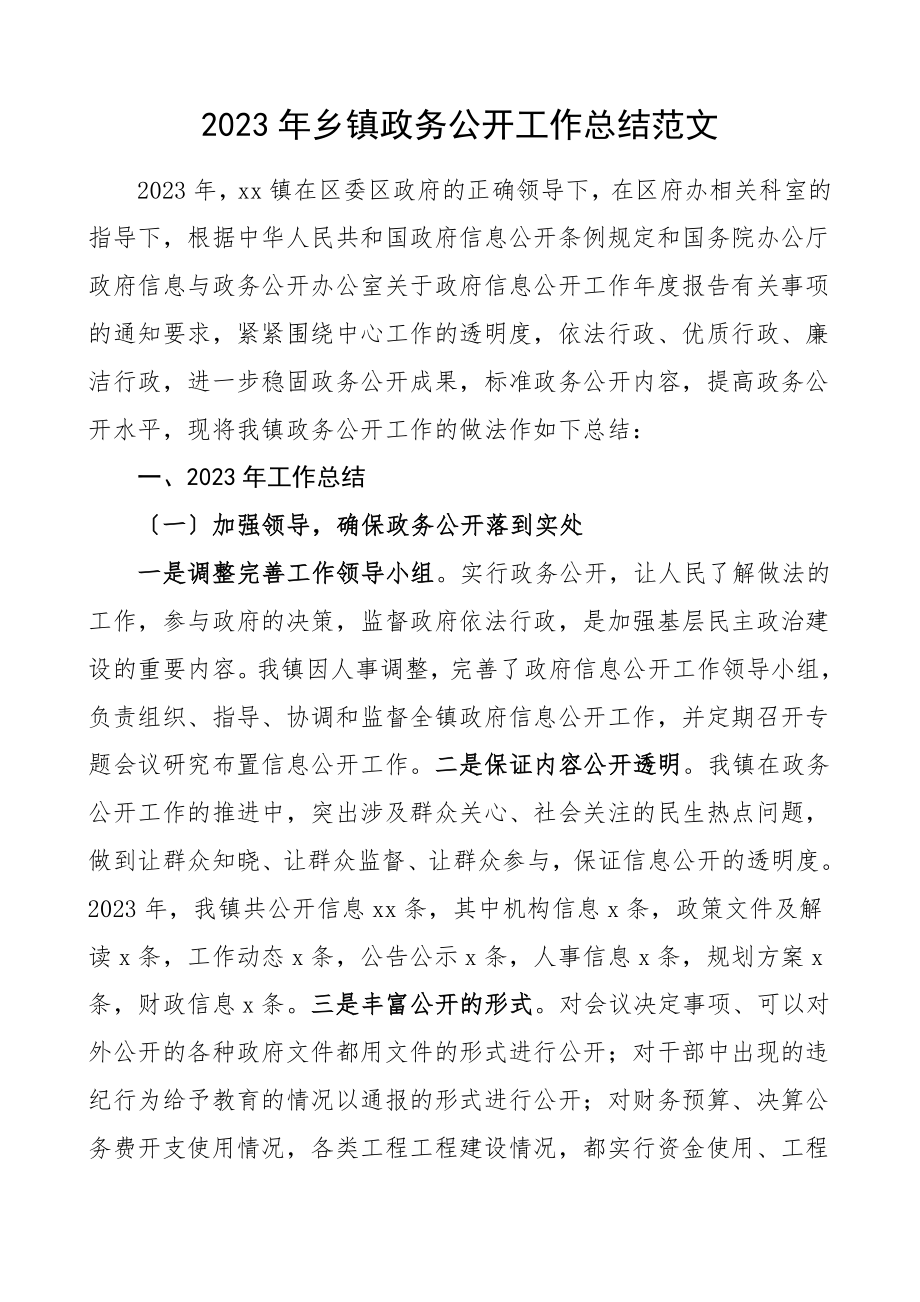 乡镇政务公开工作总结汇报报告.doc_第1页