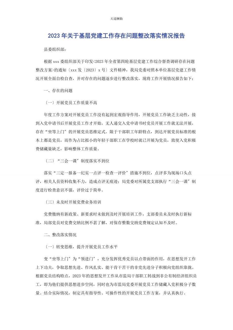 2023年基层党建工作存在问题整改落实情况报告范文.docx_第1页