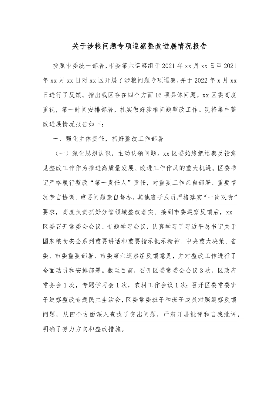 关于涉粮问题专项巡察整改进展情况报告.docx_第1页