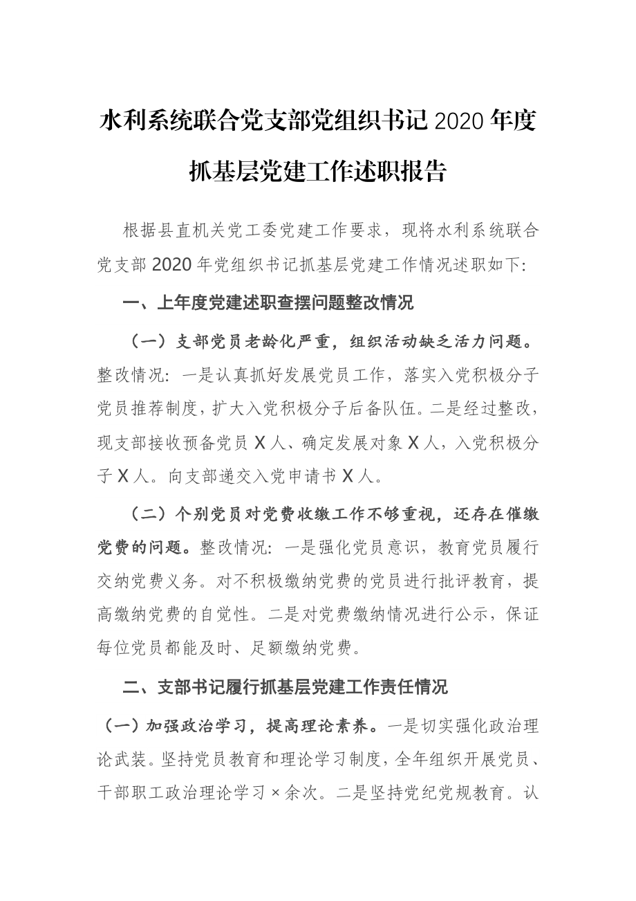 水利系统联合党支部党组织书记2020年度抓基层党建工作述职报告.docx_第1页