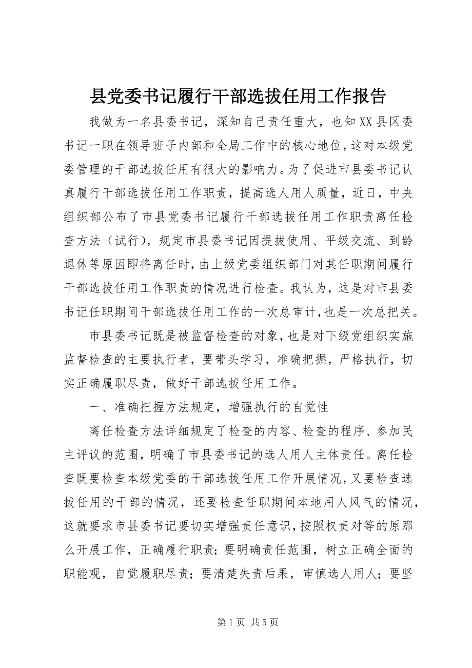 2023年县党委书记履行干部选拔任用工作报告.docx_第1页