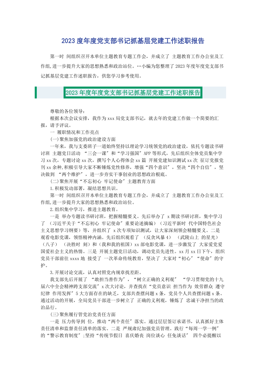 2023年度年度党支部书记抓基层党建工作述职报告2.docx_第1页