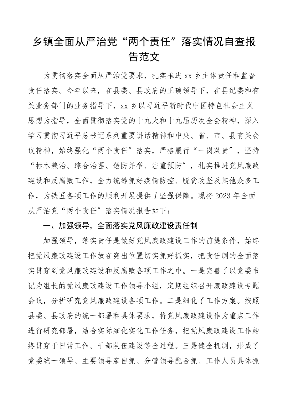 乡镇全面从严治党两个责任落实情况自查报告范文工作汇报总结.docx_第1页