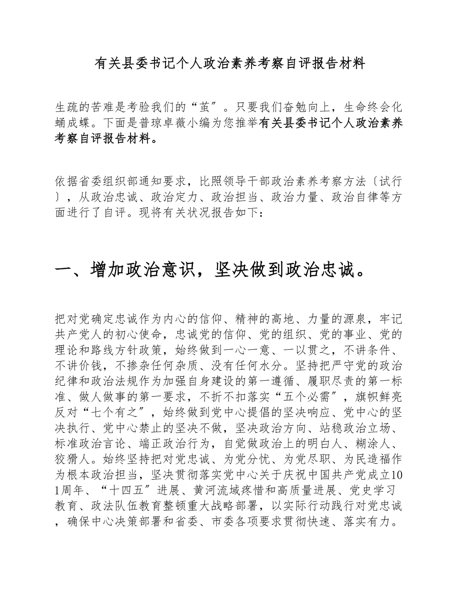 2023年县委书记个人政治素质考察自评报告材料.docx_第1页