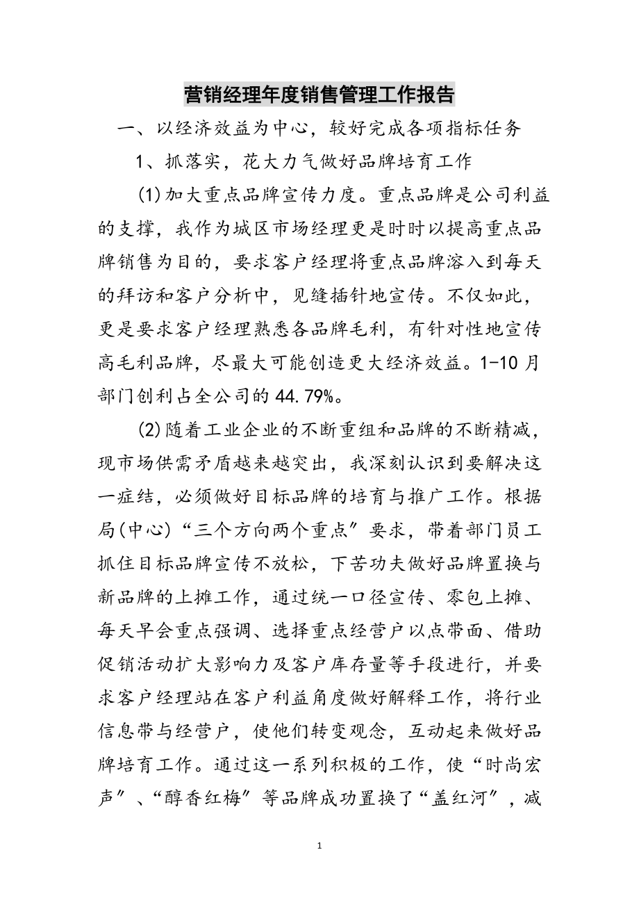 2023年营销经理年度销售管理工作报告范文.doc_第1页