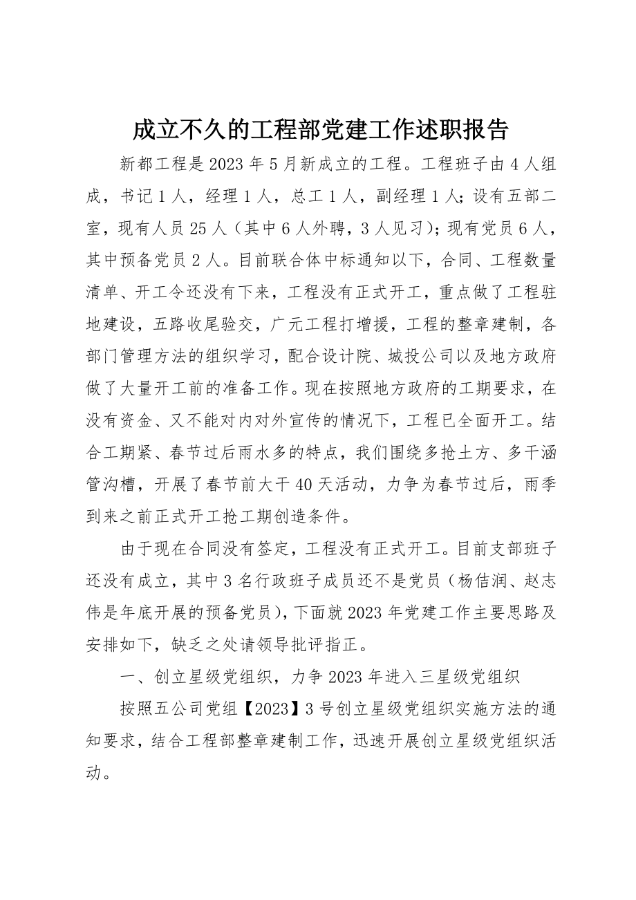 2023年成立不久的项目部党建工作述职报告新编.docx_第1页