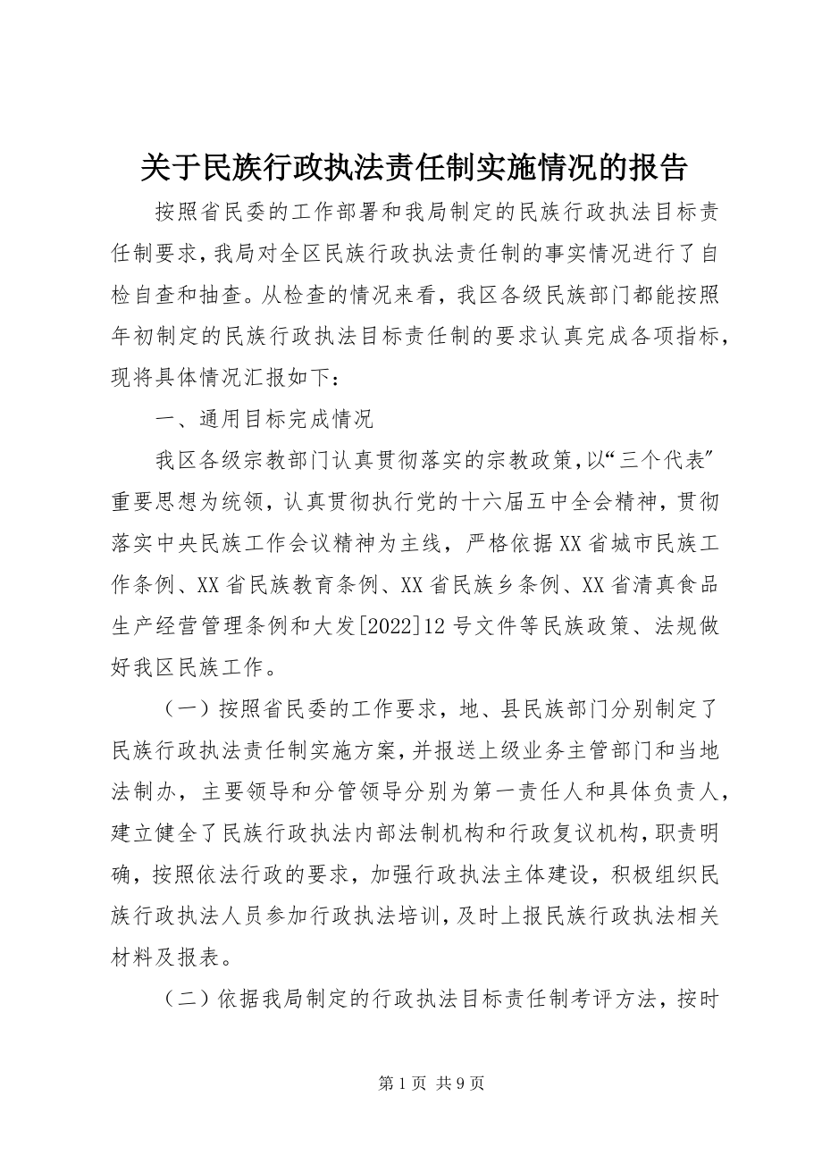 2023年民族行政执法责任制实施情况的报告.docx_第1页