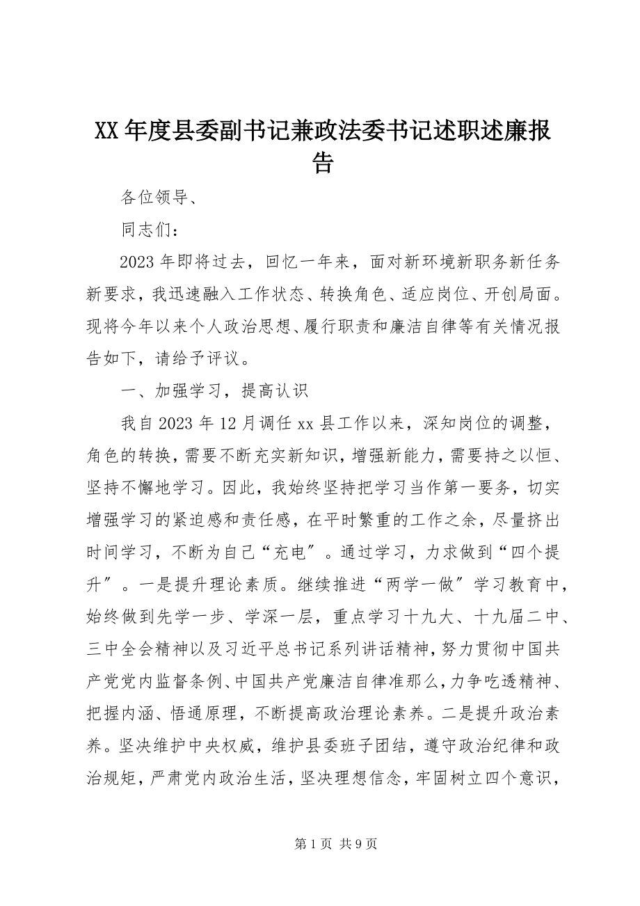 2023年县委副书记兼政法委书记述职述廉报告.docx_第1页