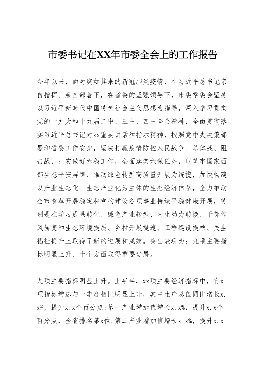 2023年市委书记在某年市委全会上的工作报告.doc_第1页