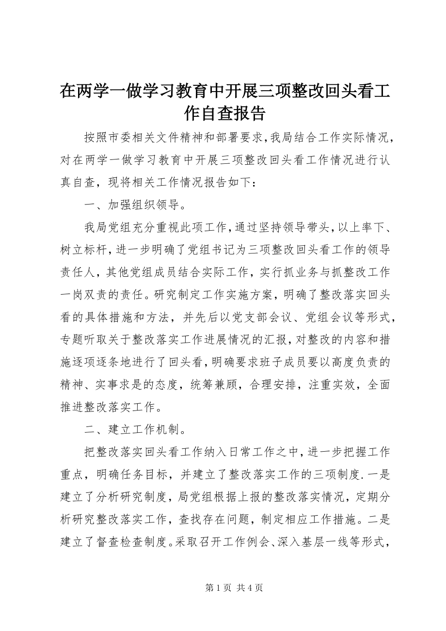 2023年在两学一做学习教育中开展三项整改回头看工作自查报告.docx_第1页