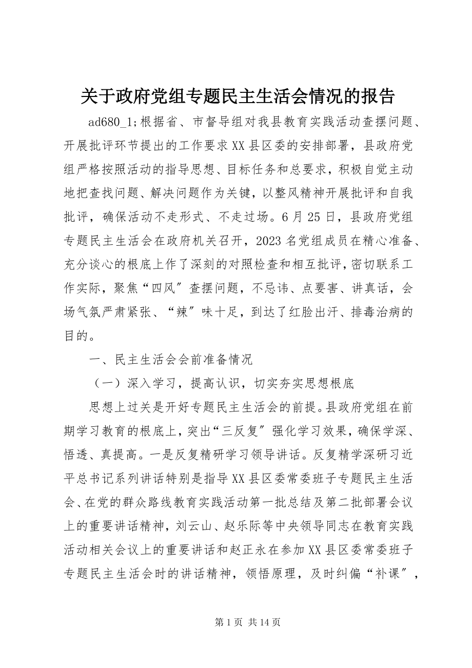 2023年政府党组专题民主生活会情况的报告.docx_第1页