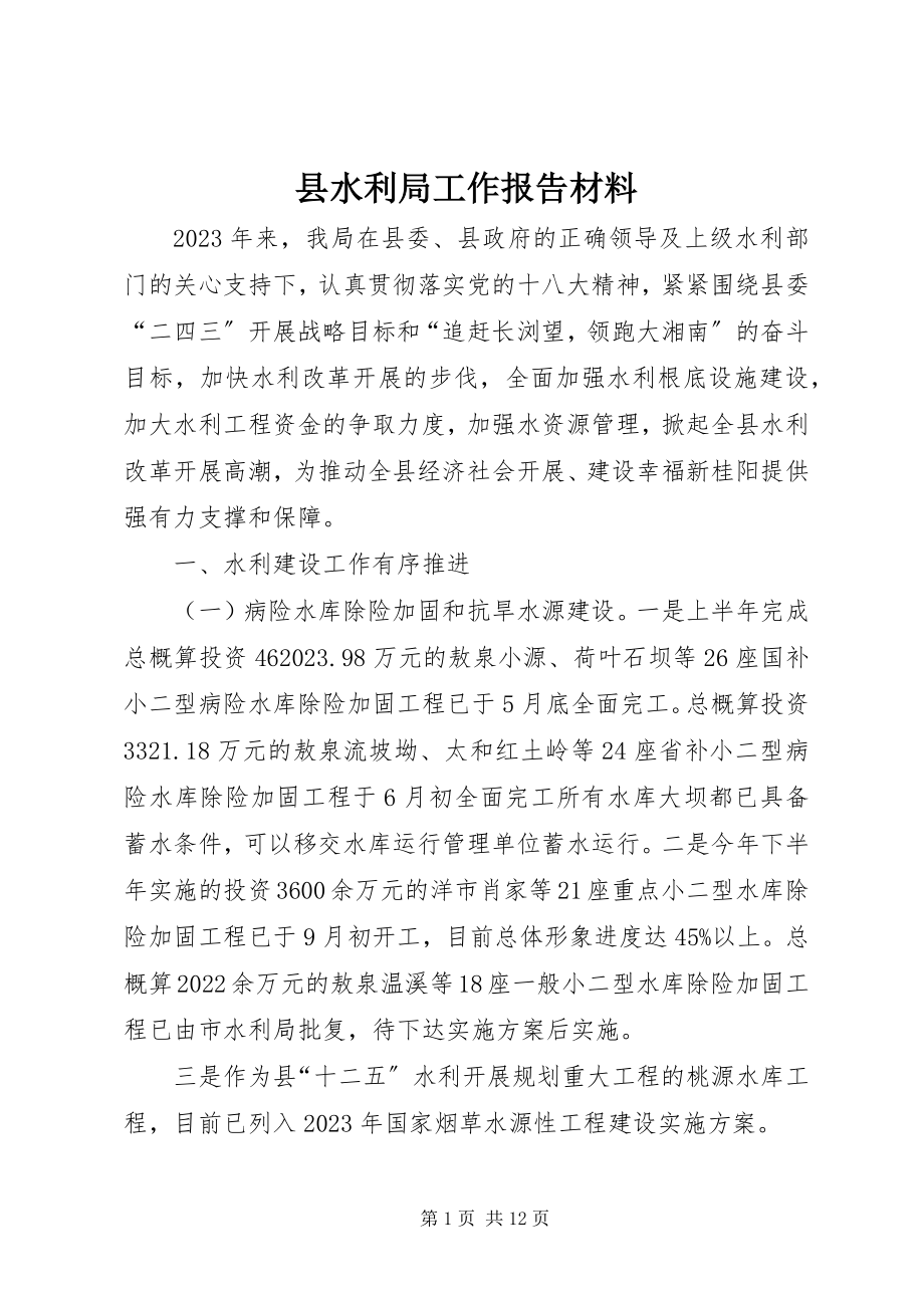 2023年县水利局工作报告材料.docx_第1页