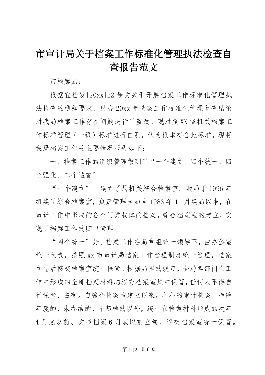 2023年市审计局关于档案工作规范化管理执法检查自查报告2.docx_第1页