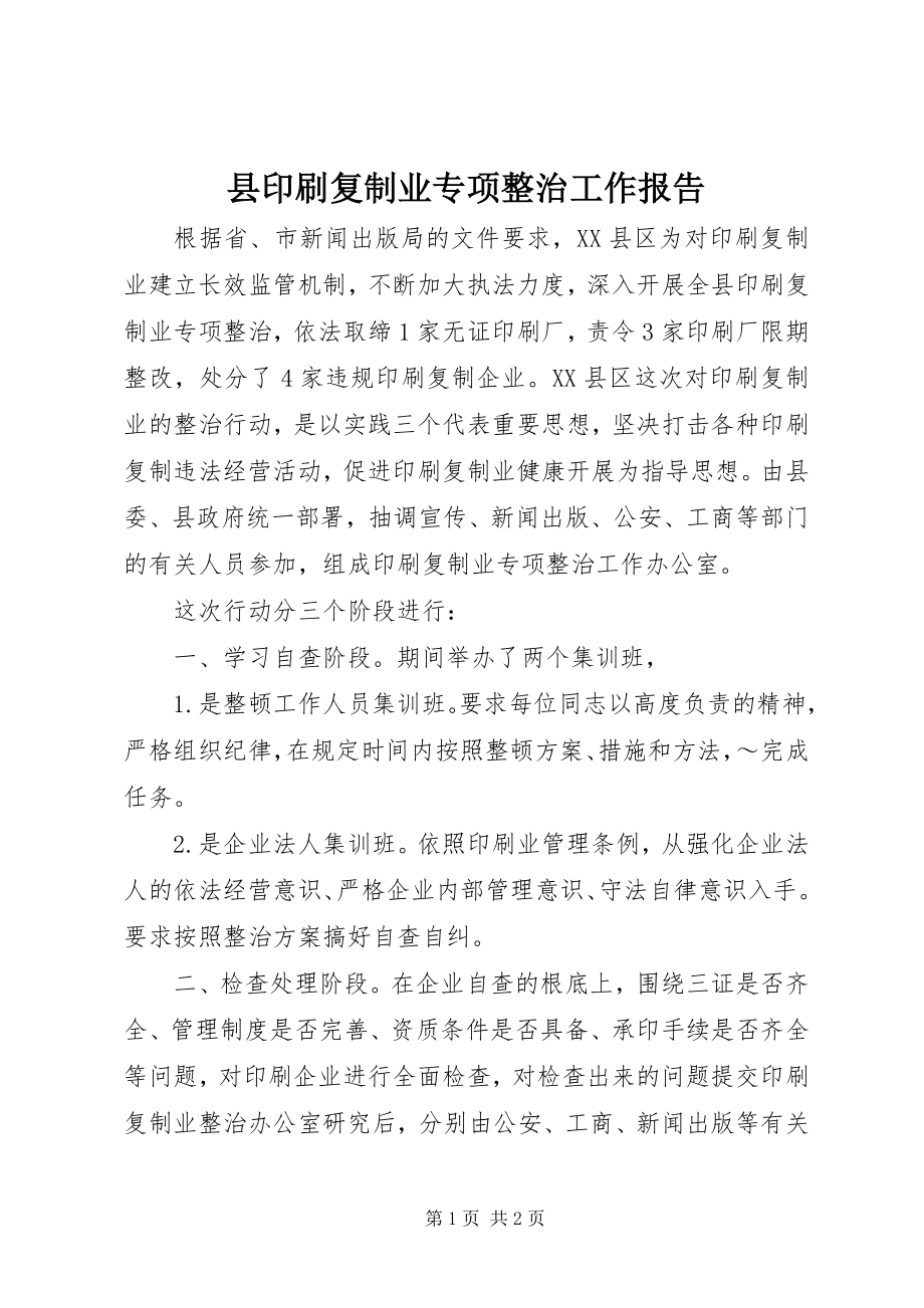 2023年县印刷复制业专项整治工作报告.docx_第1页