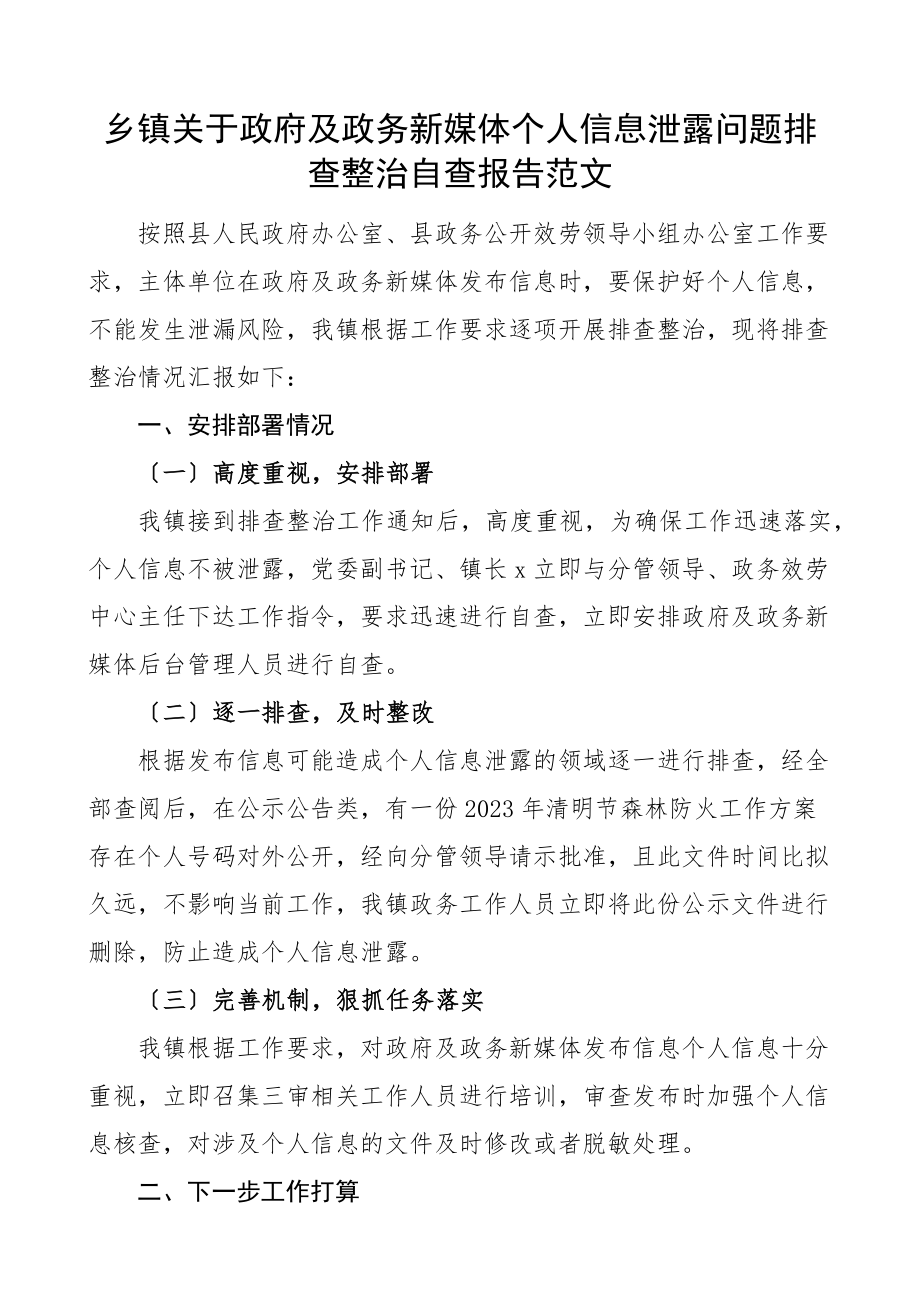 乡镇关于网站及政务新媒体个人信息泄露问题排查整治自查报告工作汇报总结范文.docx_第1页