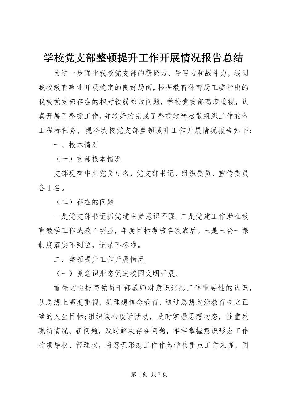 2023年学校党支部整顿提升工作开展情况报告总结.docx_第1页